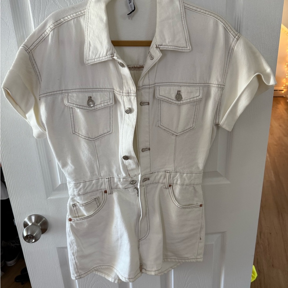 Zara Cream Denim Short Sleeve Jumpsuit